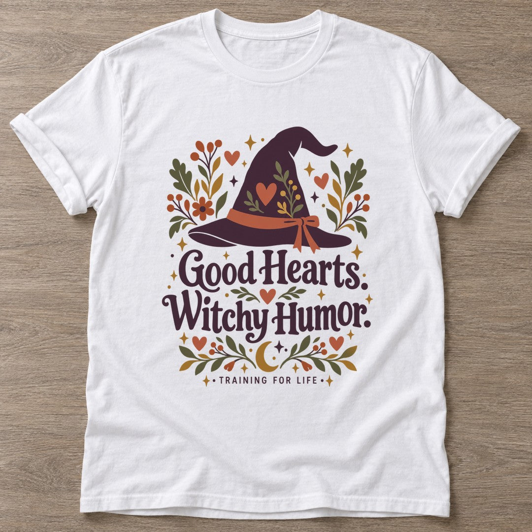 White Witchy Humor T-shirt — funny gym slogan, for women who train and laugh about it