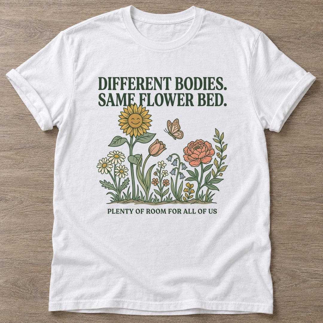 White Different Bodies T-shirt — body positive design, for every body in the gym