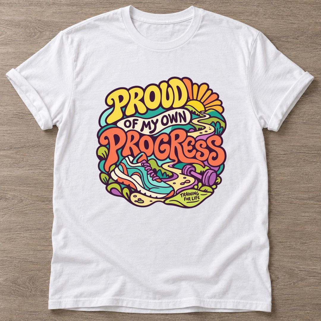 White Proud Progress T-shirt — growth mindset design, for women building a habit
