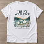 White Journey Rhythm T-shirt — motivational slogan design, for women who train
