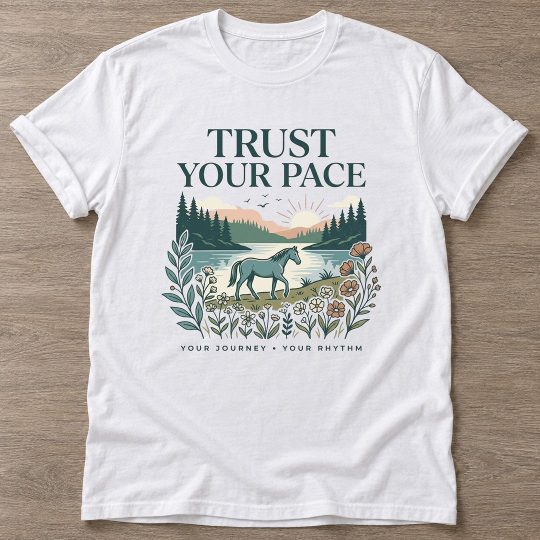 White Journey Rhythm T-shirt — motivational slogan design, for women who train