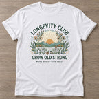 White Botanical Aging T-shirt — longevity training design, for women over 40