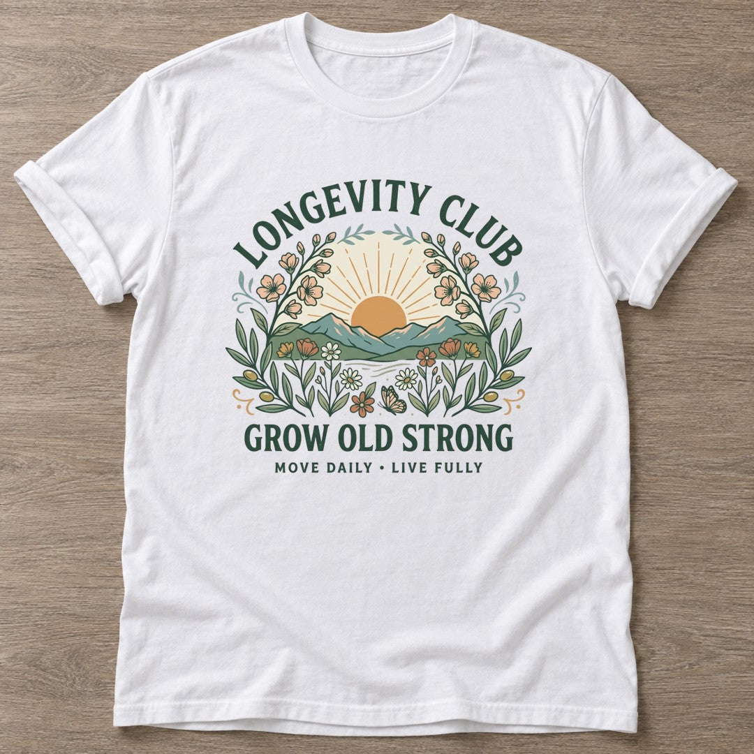 White Botanical Aging T-shirt — longevity training design, for women over 40