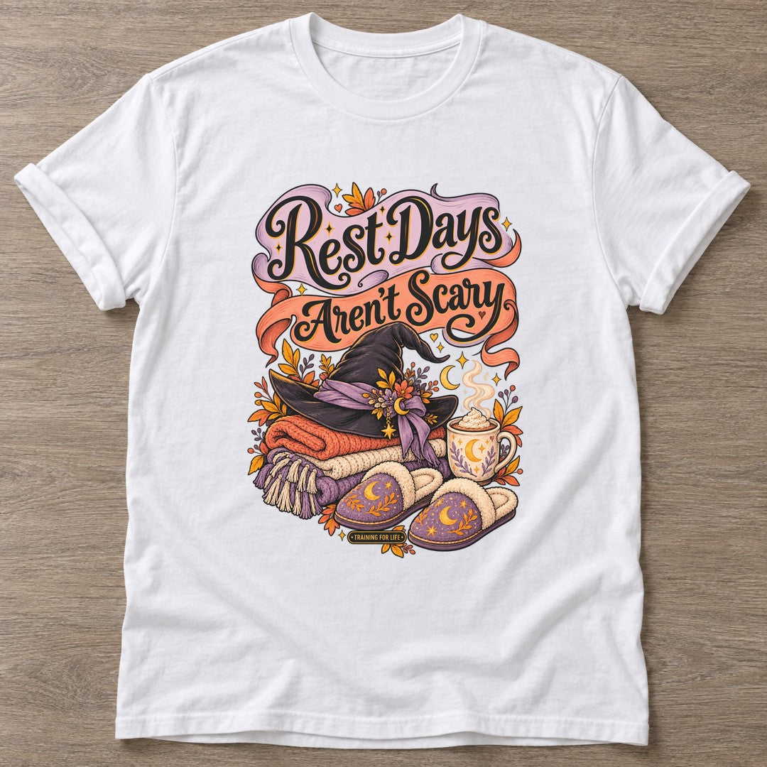 White Autumn Comfort Witch T-shirt — rest and recovery design, for women who train