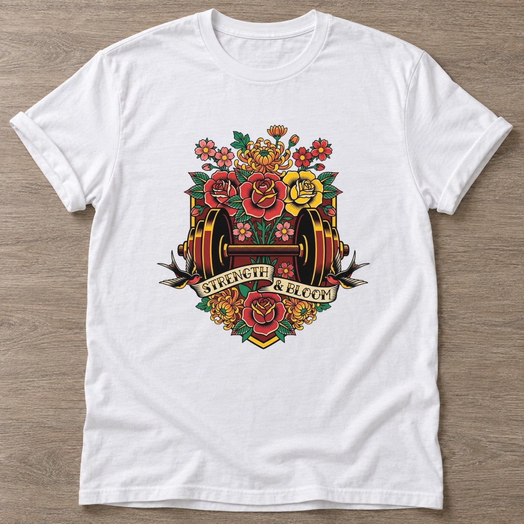 White Blossom Gains T-shirt — floral strength design, for women who train