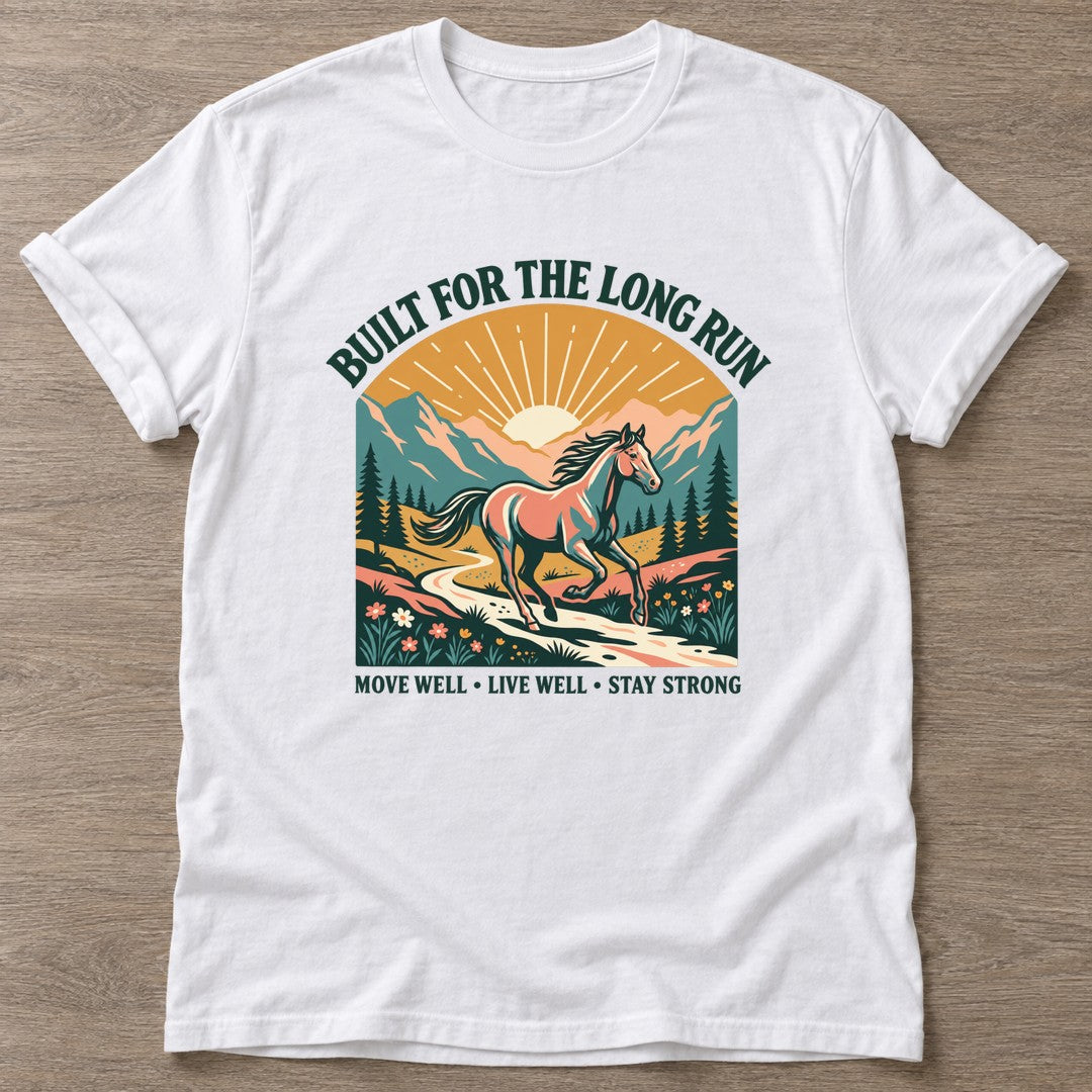 White Long Run Horse T-shirt — running design, for women who run