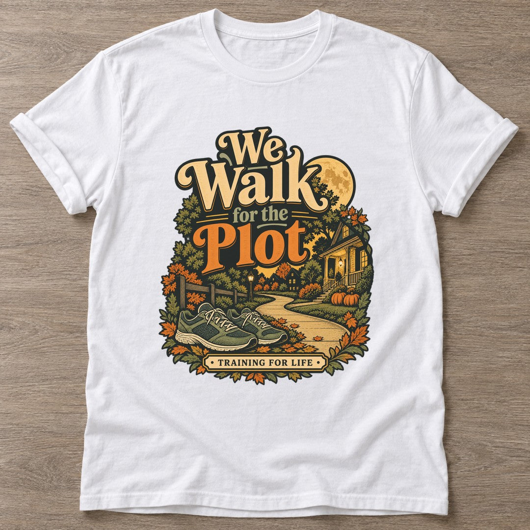 White Plot Training T-shirt — funny gym slogan, for women who train and laugh about it