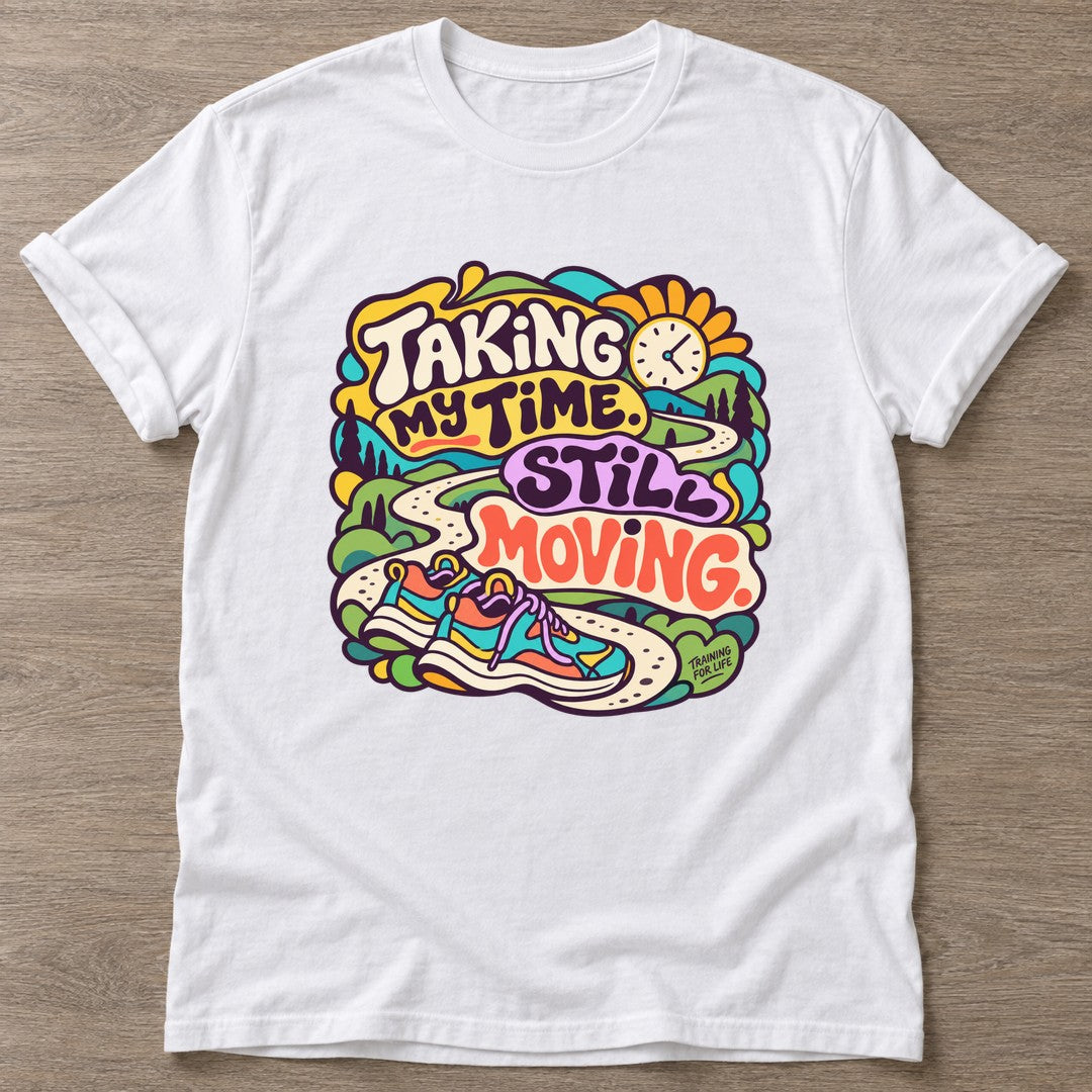 White Still Moving T-shirt — longevity training design, for women over 40