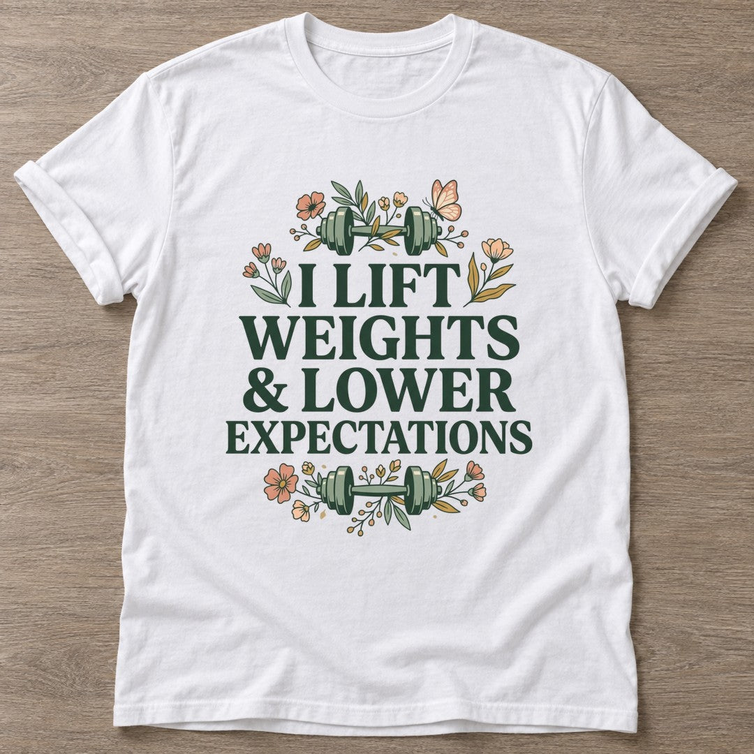 White Lift And Lower T-shirt — weightlifting design, for women who lift