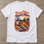 White Autumn Hustle T-shirt — motivational slogan design, for women who train