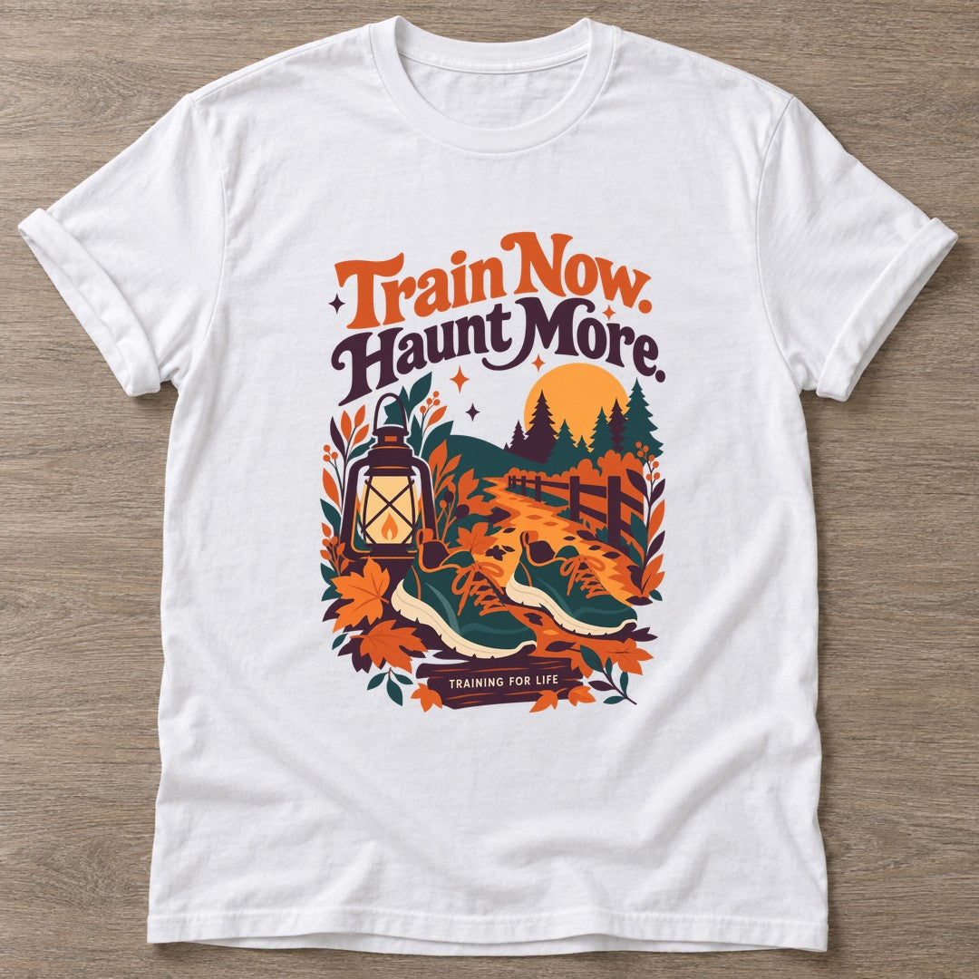 White Autumn Hustle T-shirt — motivational slogan design, for women who train
