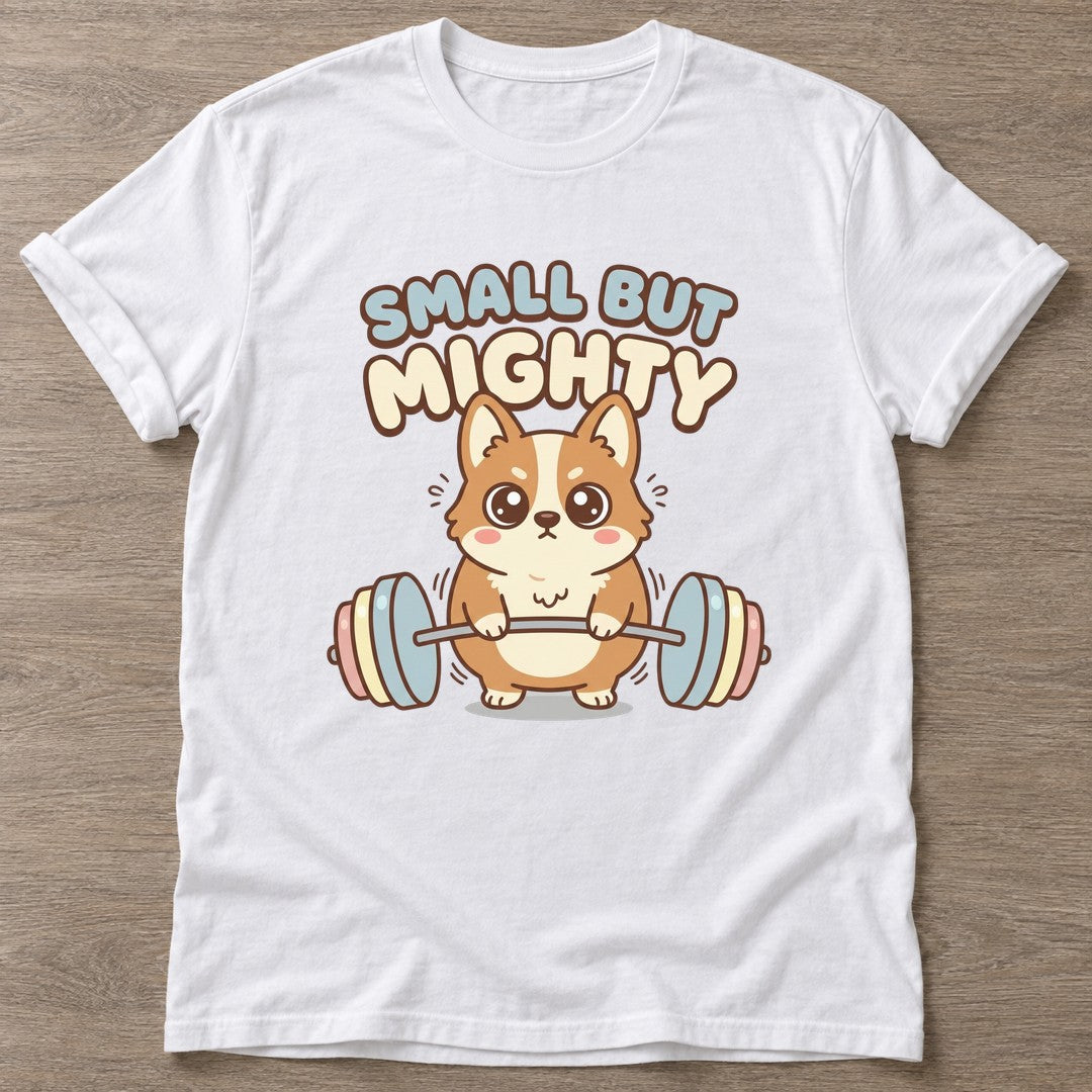 White Mighty Corgi T-shirt — funny gym slogan, for women who train and laugh about it