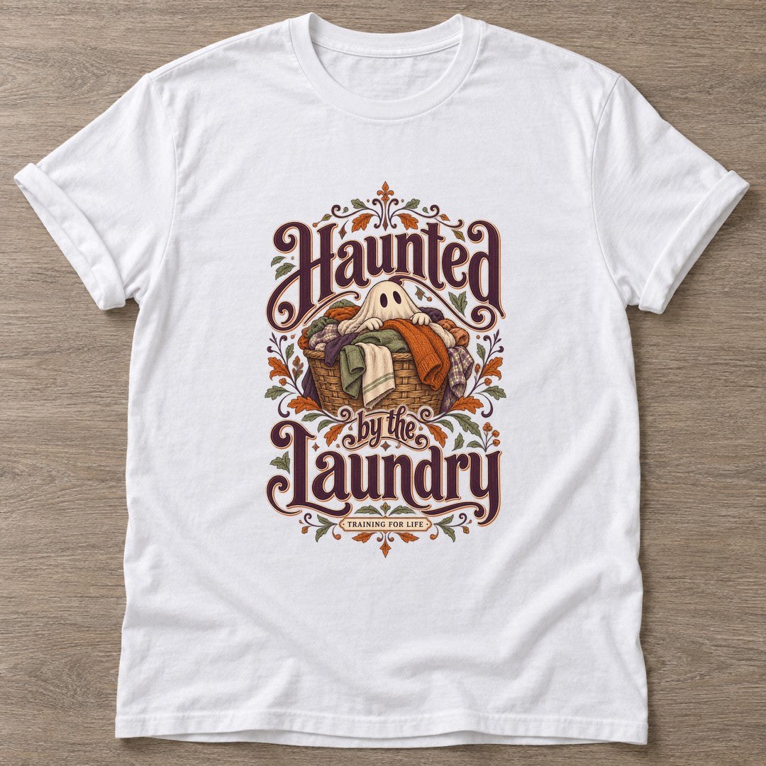 White Laundry Ghost T-shirt — funny gym slogan, for women who train and laugh about it