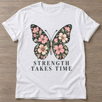 White Bloom Patience T-shirt — floral strength design, for women who train