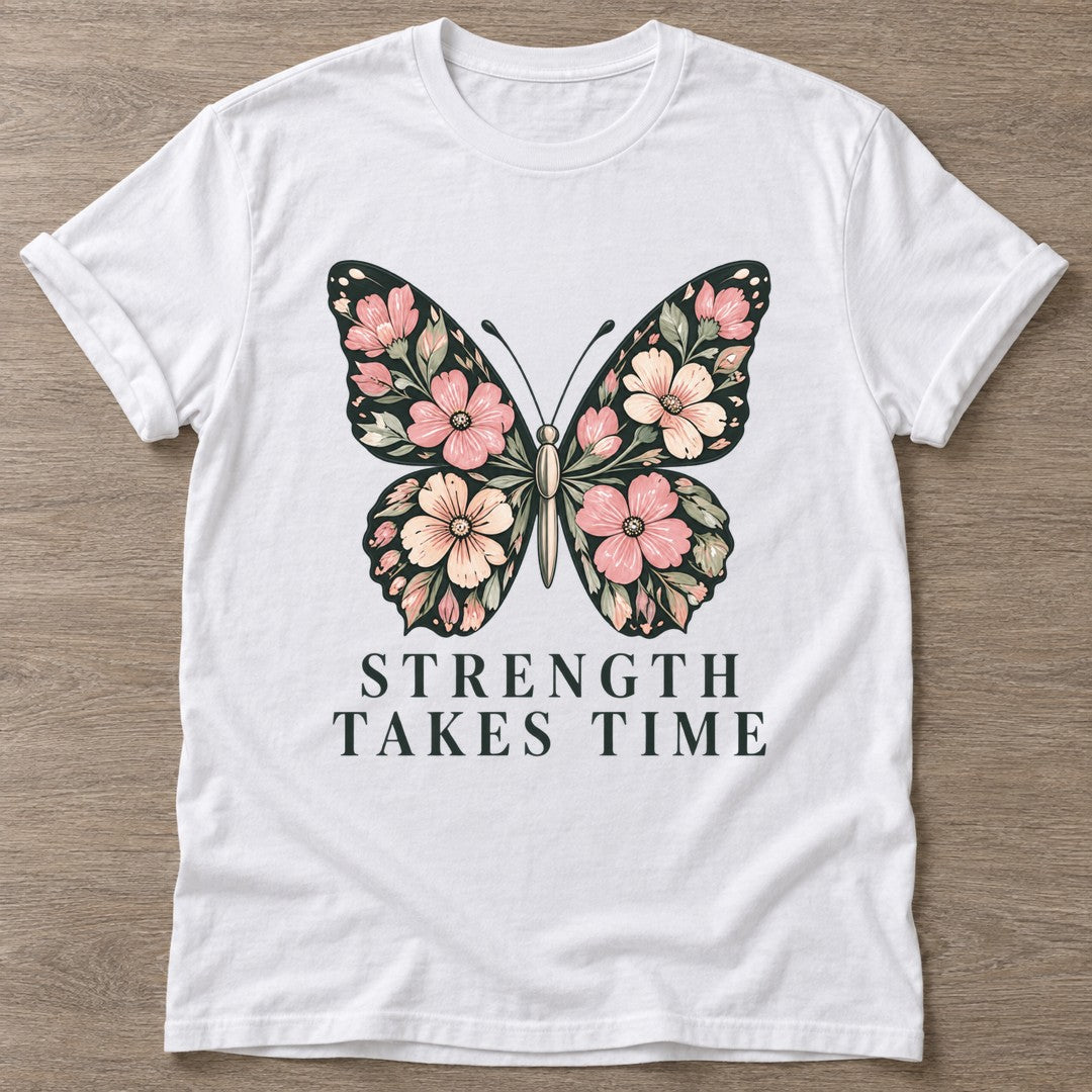 White Bloom Patience T-shirt — floral strength design, for women who train