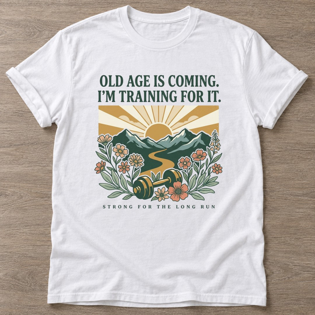 White Long Run Strong T-shirt — longevity training design, for women over 40