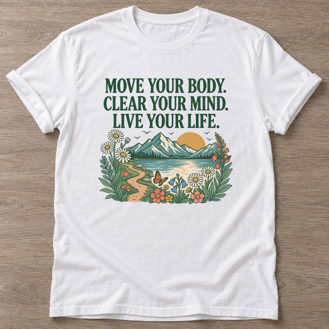 White Motion Brings Clarity T-shirt — everyday workout design, for women who move