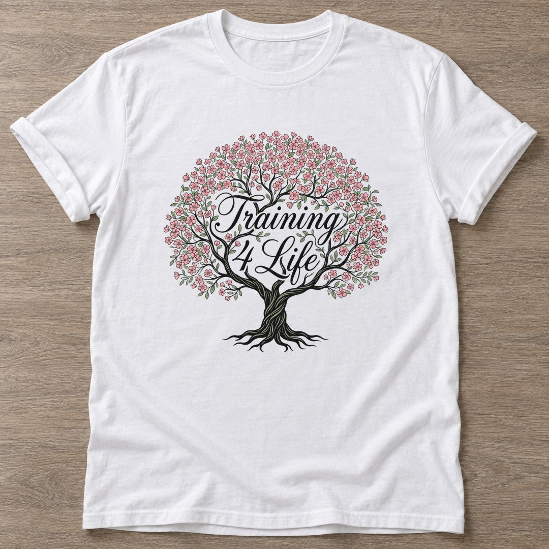 White Blossom Strong T-shirt — floral strength design, for women who train