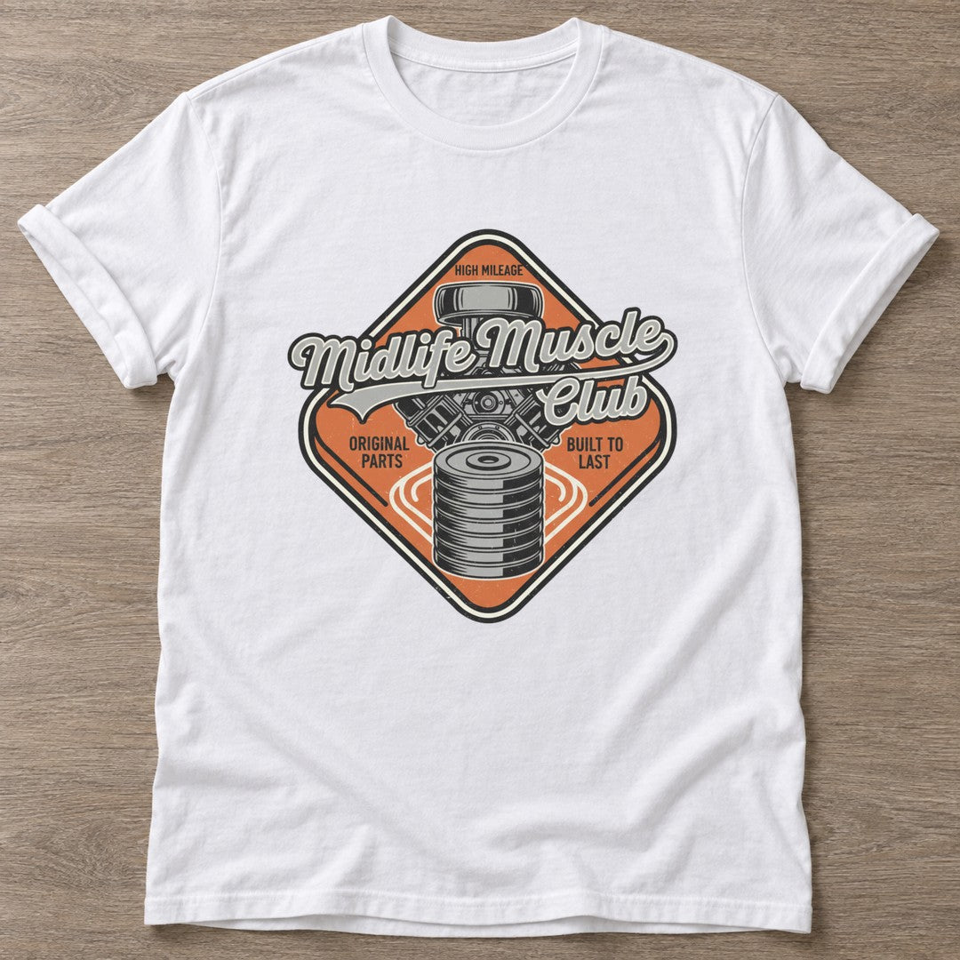 White High Mileage Garage T-shirt — longevity training design, for women over 40