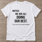 White Realistic Standards T-shirt — funny gym slogan, for women who train and laugh about it