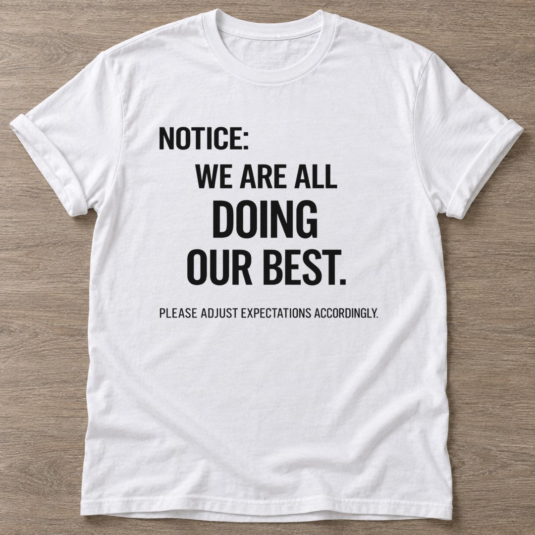 White Realistic Standards T-shirt — funny gym slogan, for women who train and laugh about it