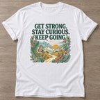White Get Strong T-shirt — weightlifting design, for women who lift