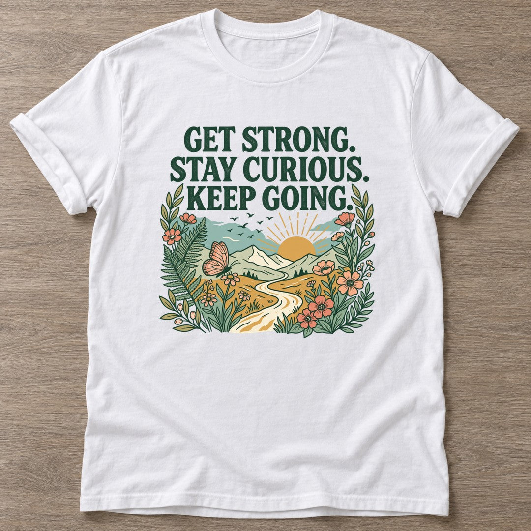 White Get Strong T-shirt — weightlifting design, for women who lift