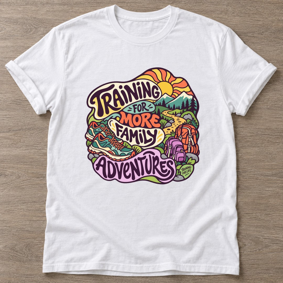 White Training For Adventures T-shirt — longevity training design, for women over 40