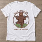 White Zen Gains T-shirt — funny gym slogan, for women who train and laugh about it