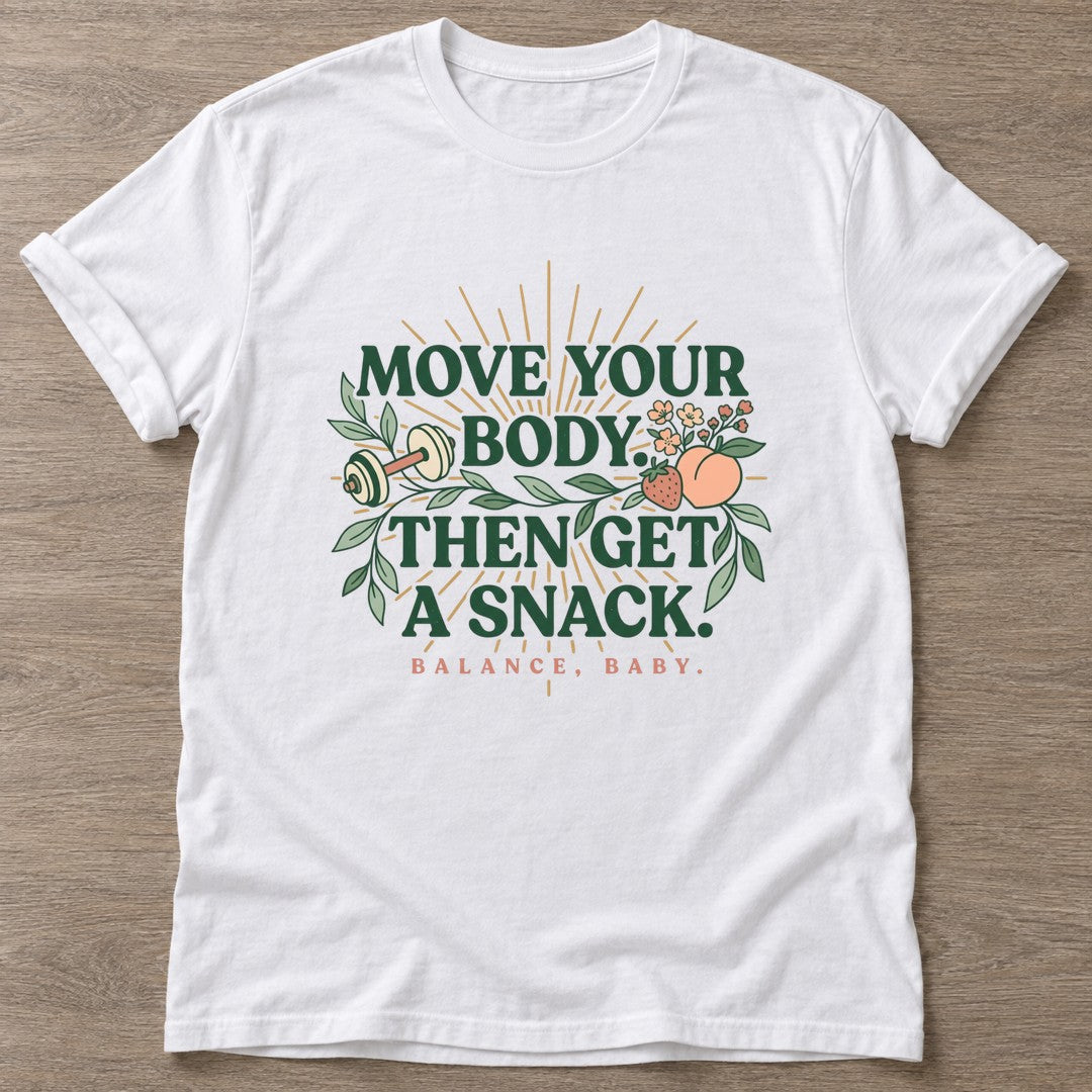 White Snack Reward T-shirt — funny gym slogan, for women who train and laugh about it