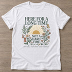 White Long Time Energy T-shirt — longevity training design, for women over 40