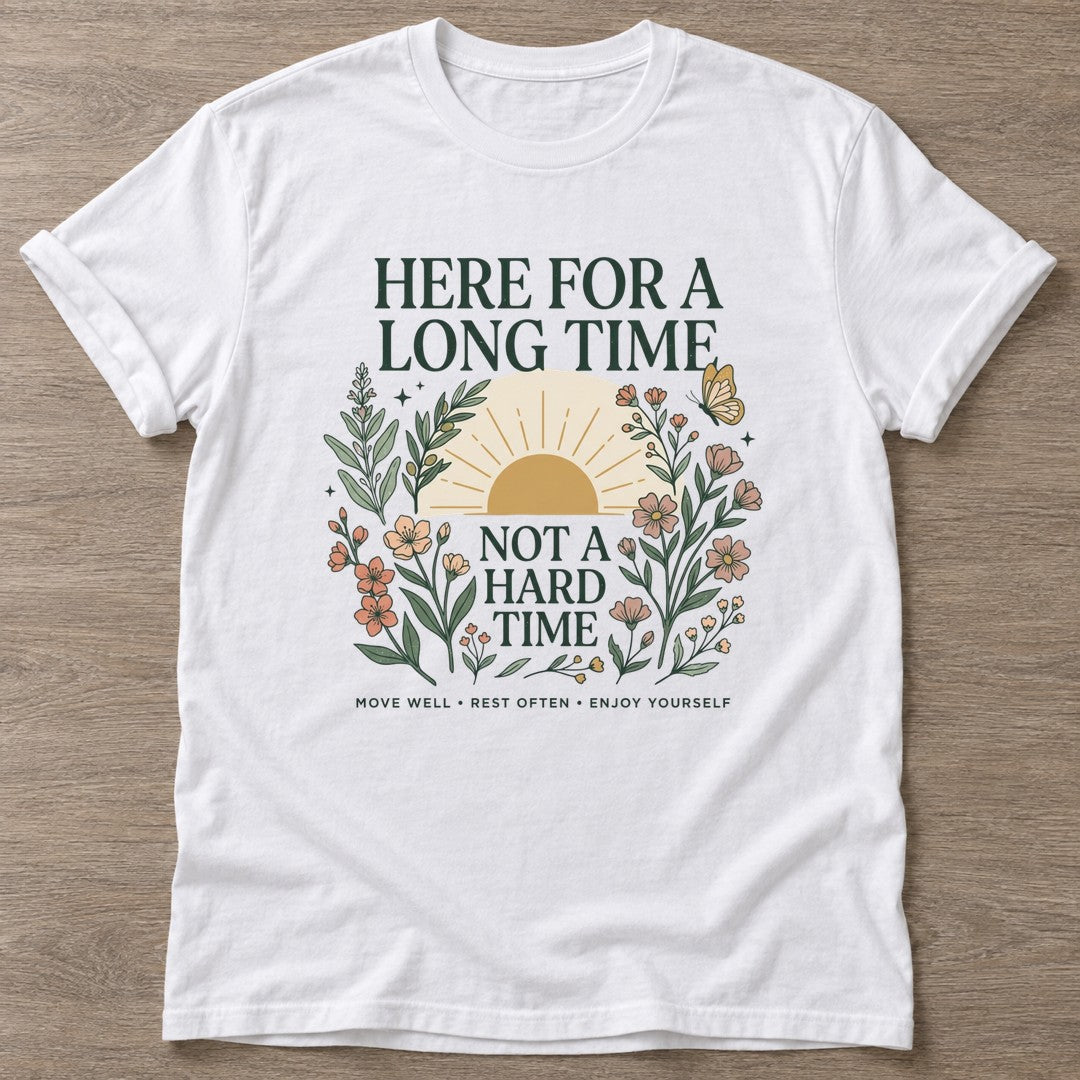 White Long Time Energy T-shirt — longevity training design, for women over 40
