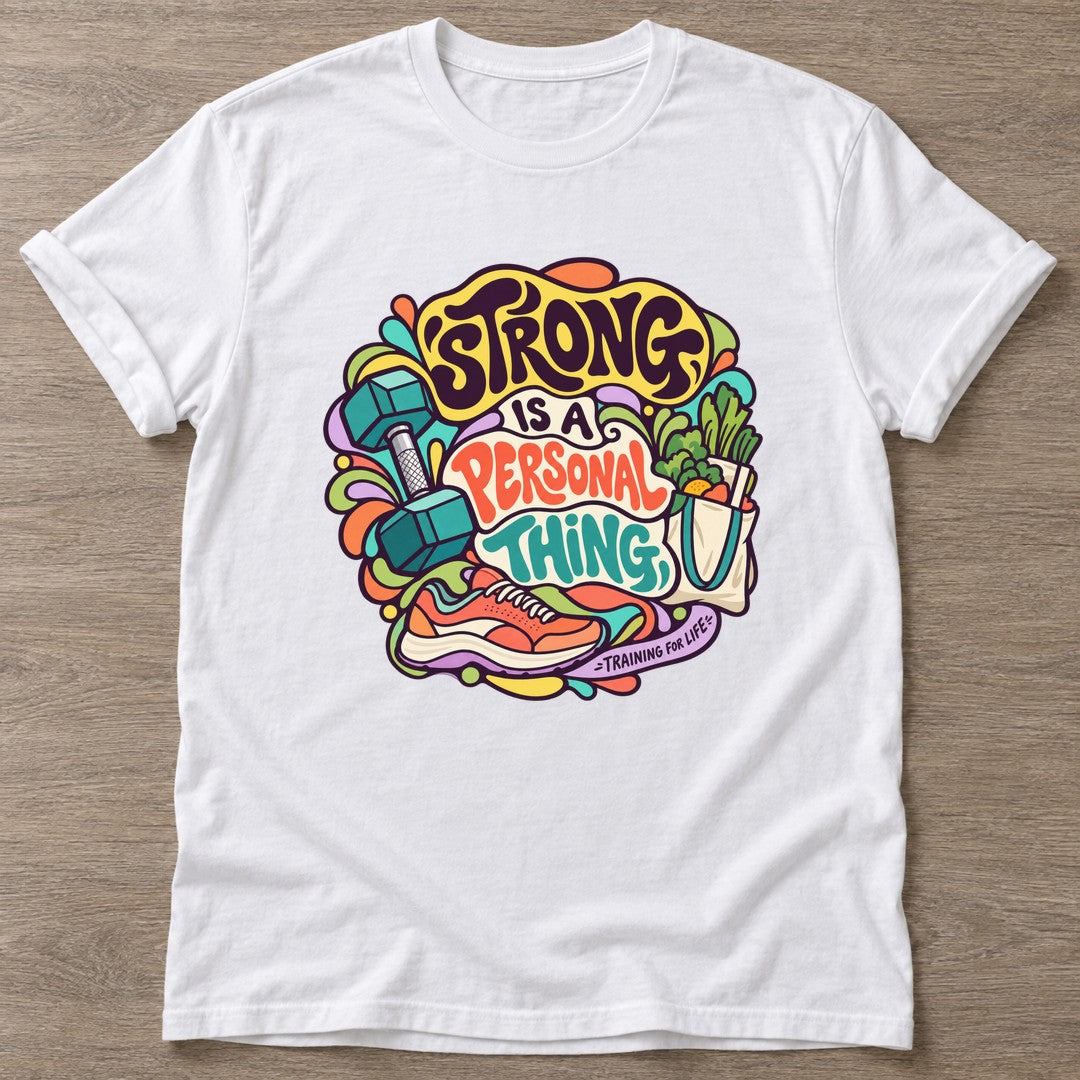 White Strong Personal Thing T-shirt — body positive design, for every body in the gym