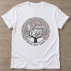 White Blooming Purpose T-shirt — floral strength design, for women who train