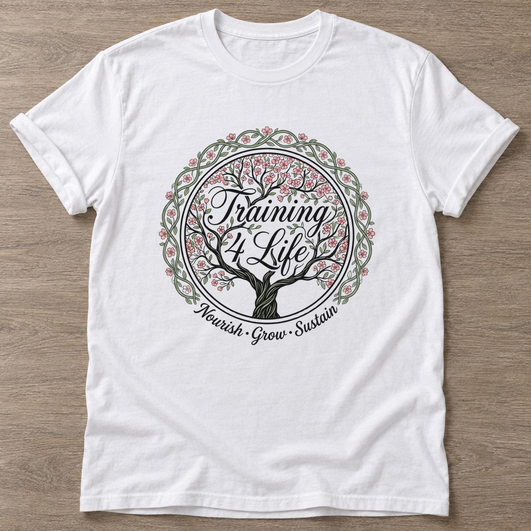 White Blooming Purpose T-shirt — floral strength design, for women who train
