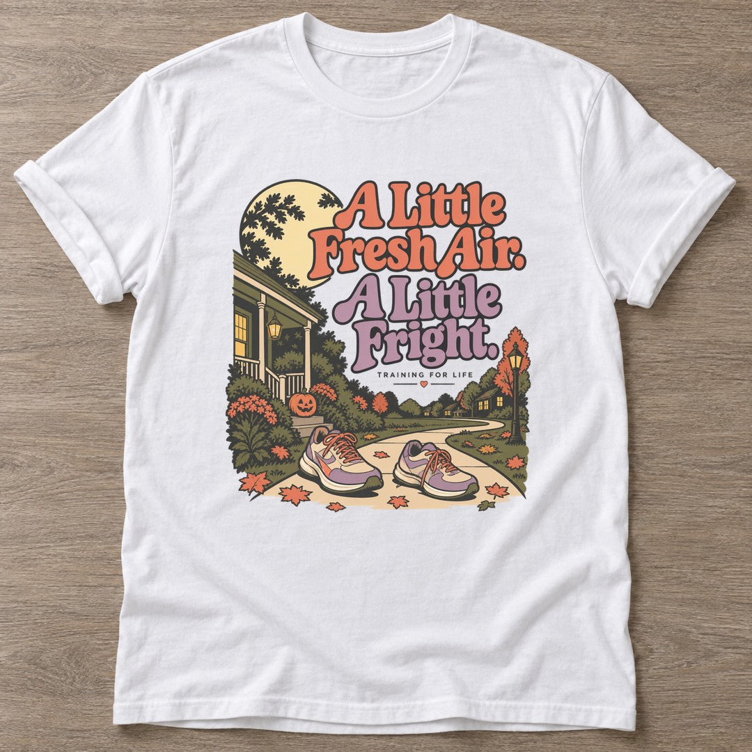 White Fresh Air Fright T-shirt — walking club design, for women who walk