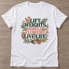 White Flower Gains T-shirt — floral strength design, for women who train