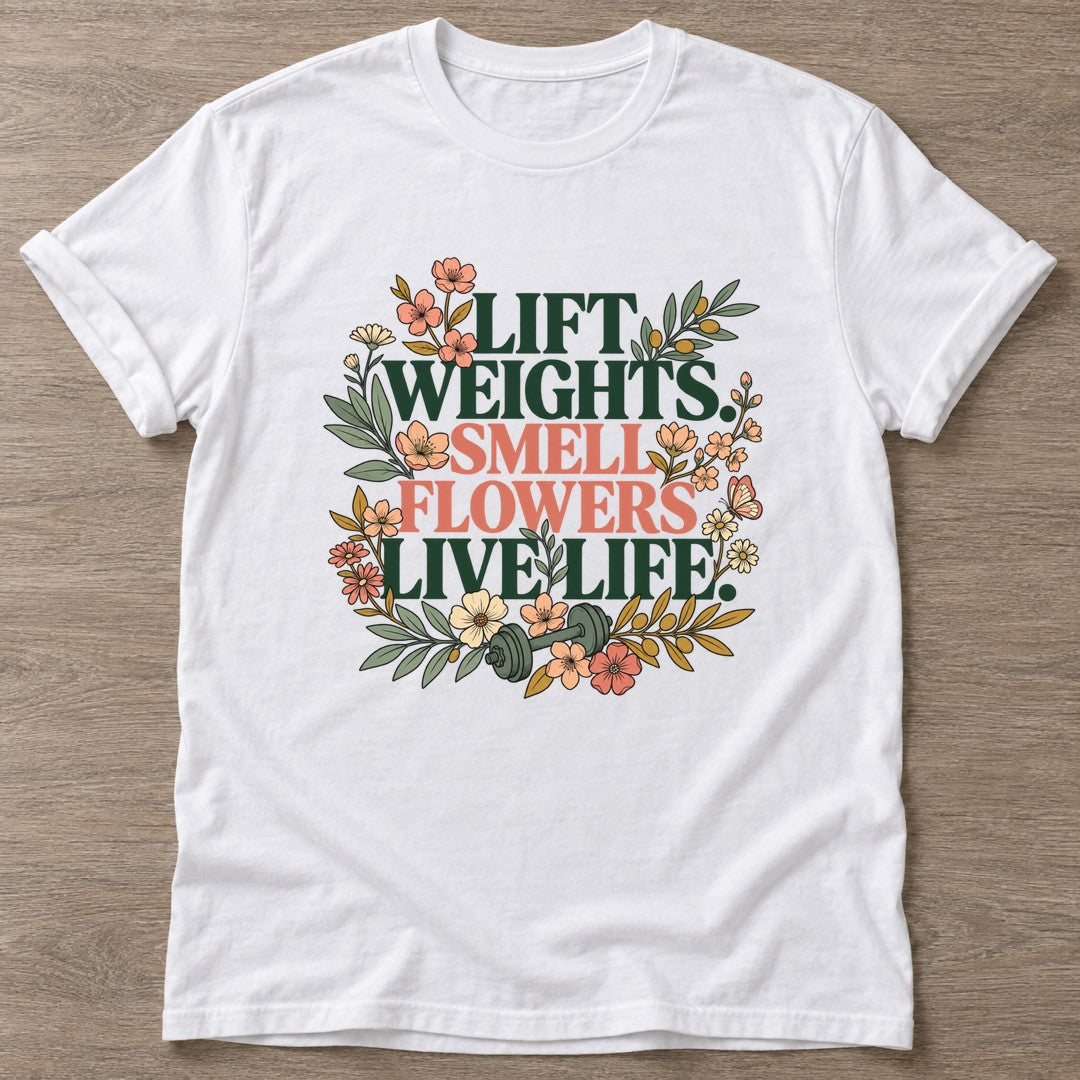 White Flower Gains T-shirt — floral strength design, for women who train