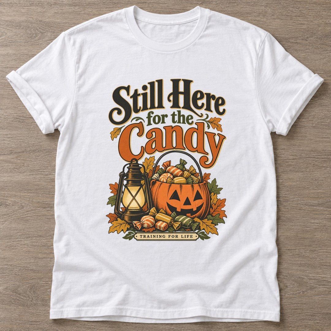 White Candy Training T-shirt — funny gym slogan, for women who train and laugh about it