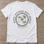 White Nourish Repeat T-shirt — rest and recovery design, for women who train