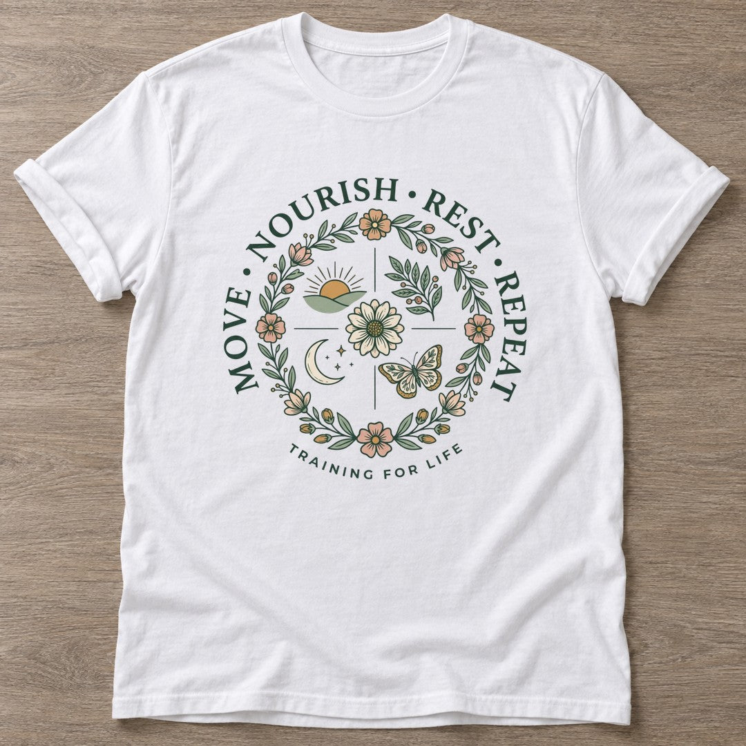White Nourish Repeat T-shirt — rest and recovery design, for women who train