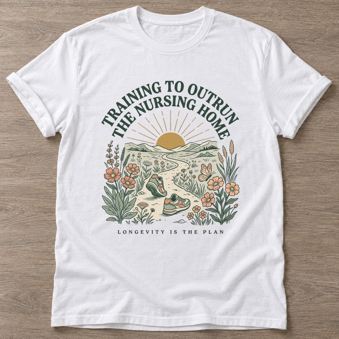 White Training To Outrun T-shirt — running design, for women who run