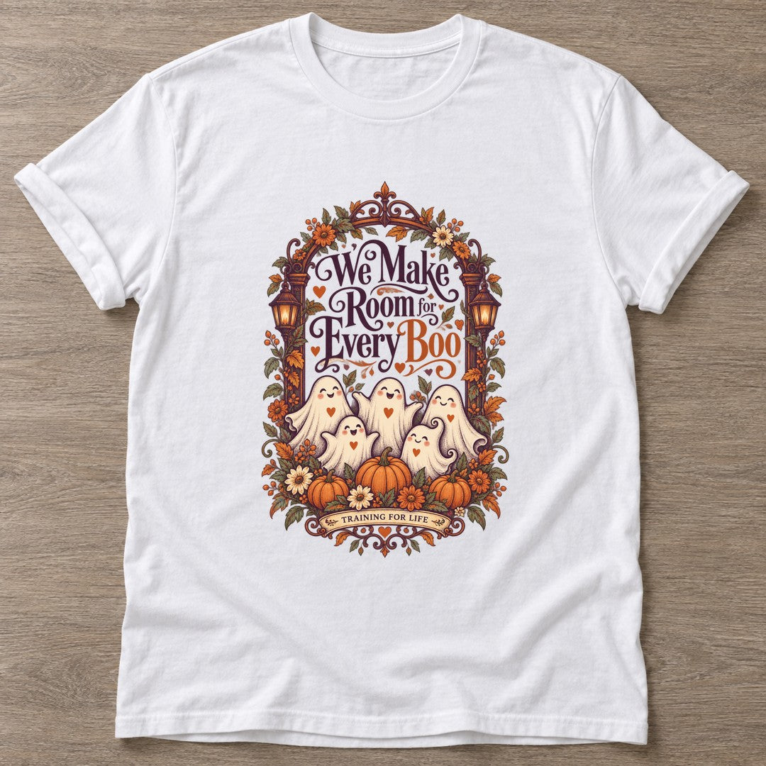 White We Make Room T-shirt — body positive design, for every body in the gym