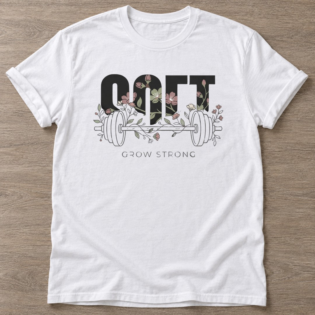 White Floral Gains T-shirt — floral strength design, for women who train