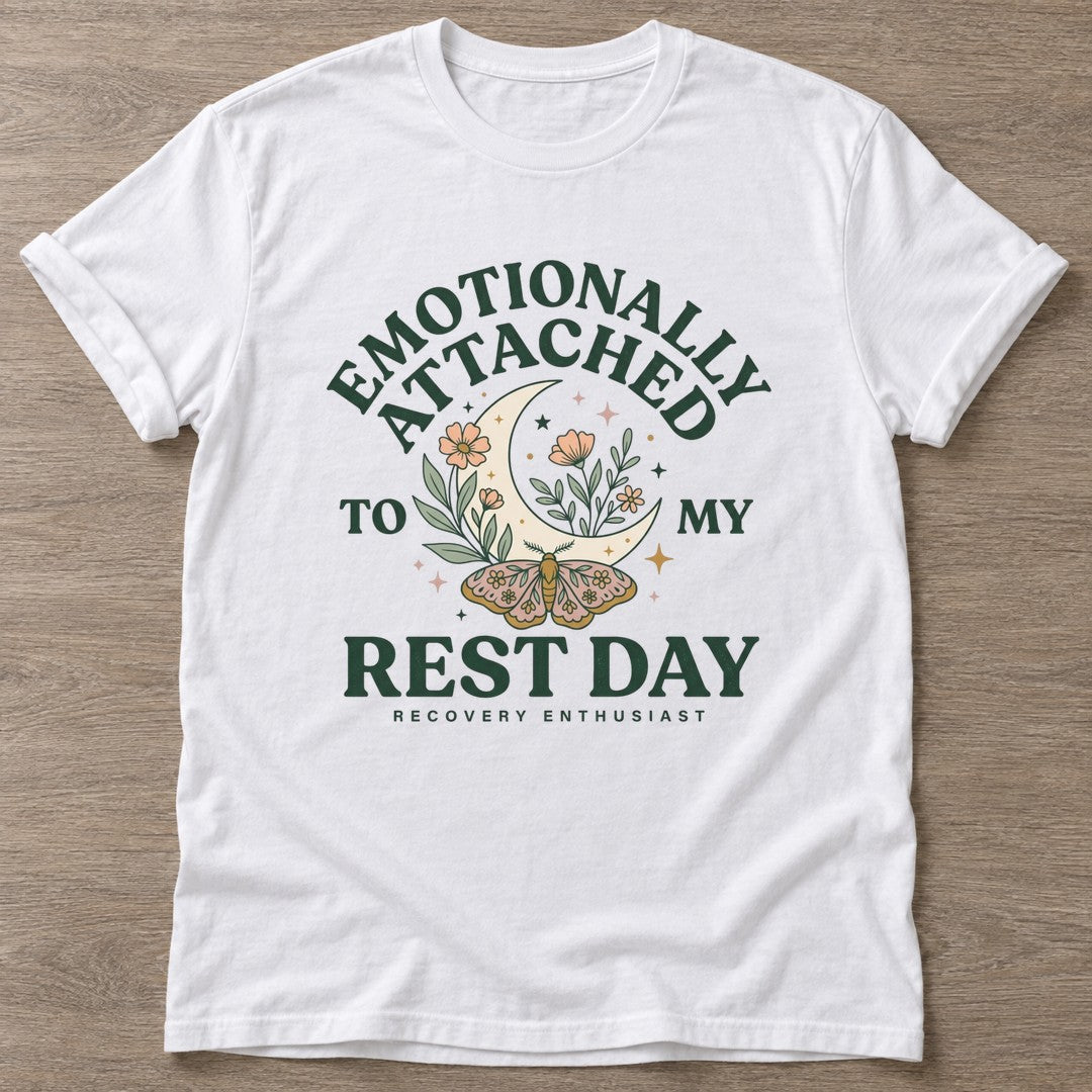 White Moth Moon Mood T-shirt — rest and recovery design, for women who train