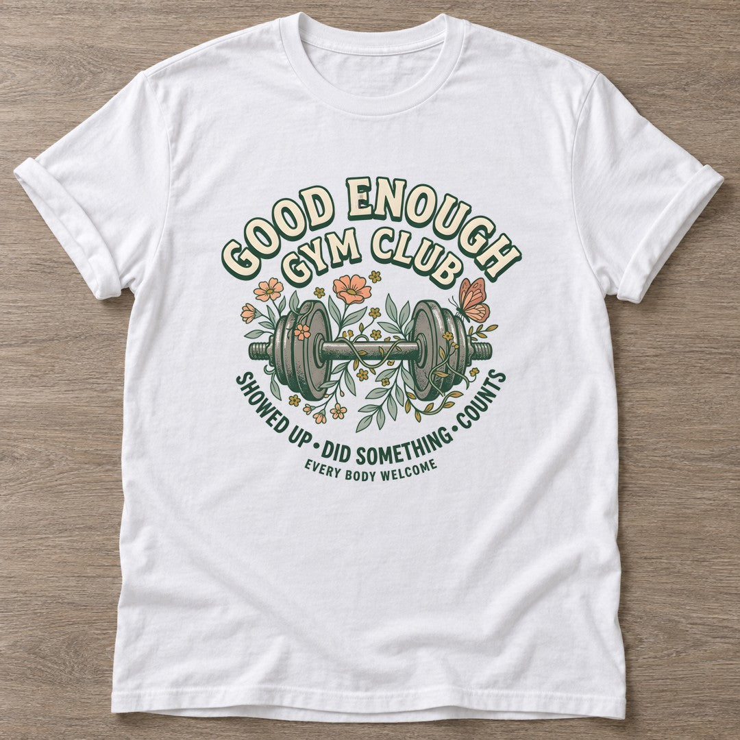White Gym Club T-shirt — gym club design, for women who train together