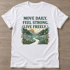 White Live Freely T-shirt — motivational slogan design, for women who train