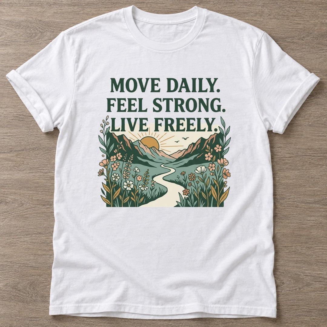 White Live Freely T-shirt — motivational slogan design, for women who train