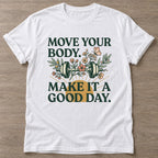 White Dumbbell Bloom T-shirt — floral strength design, for women who train