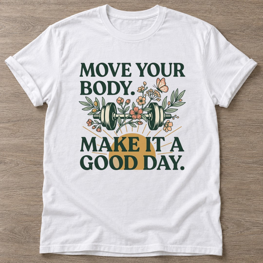 White Dumbbell Bloom T-shirt — floral strength design, for women who train